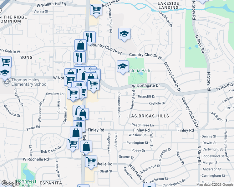 map of restaurants, bars, coffee shops, grocery stores, and more near 2820 Briarcliff Drive in Irving
