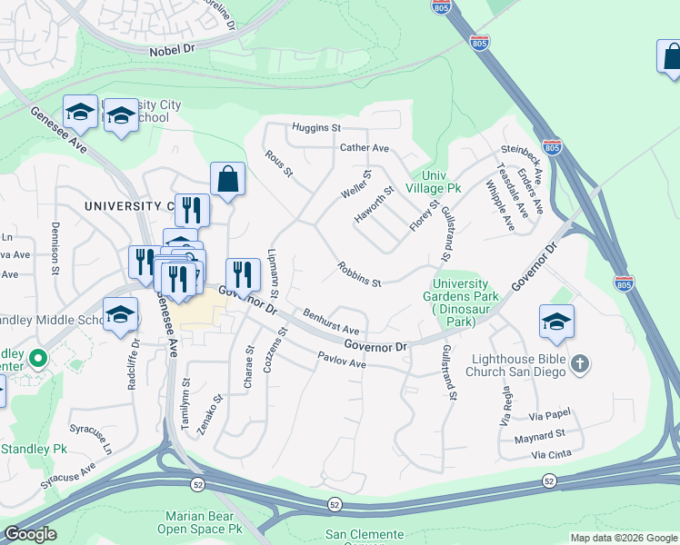 map of restaurants, bars, coffee shops, grocery stores, and more near 4555 Robbins Street in San Diego