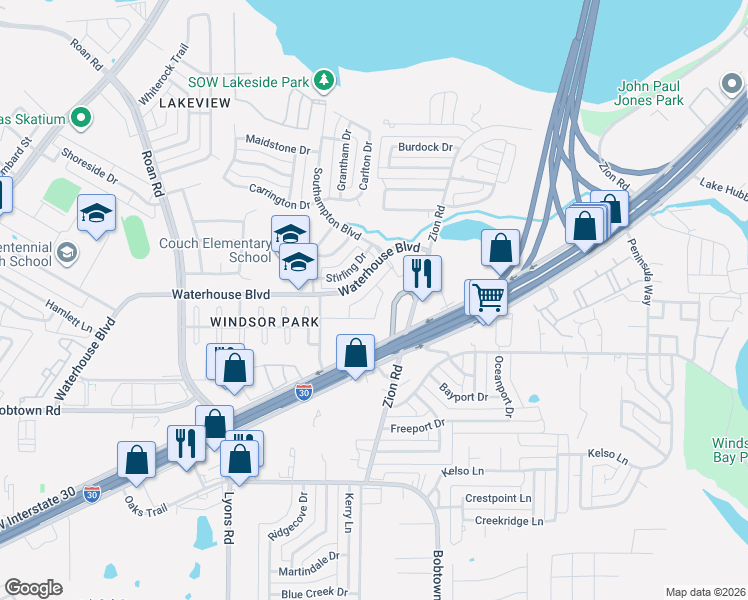 map of restaurants, bars, coffee shops, grocery stores, and more near 4800 Zion Road in Garland
