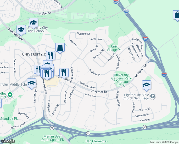 map of restaurants, bars, coffee shops, grocery stores, and more near 4555 Robbins Street in San Diego
