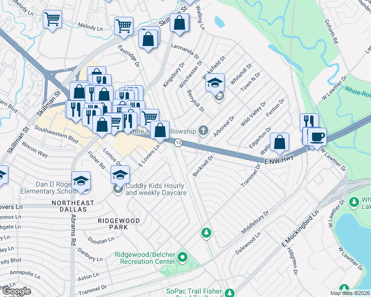 map of restaurants, bars, coffee shops, grocery stores, and more near 6796 Northwest Highway in Dallas