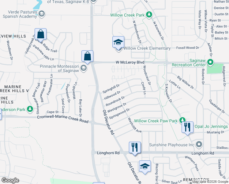 map of restaurants, bars, coffee shops, grocery stores, and more near 1101 Hillwood Drive in Saginaw
