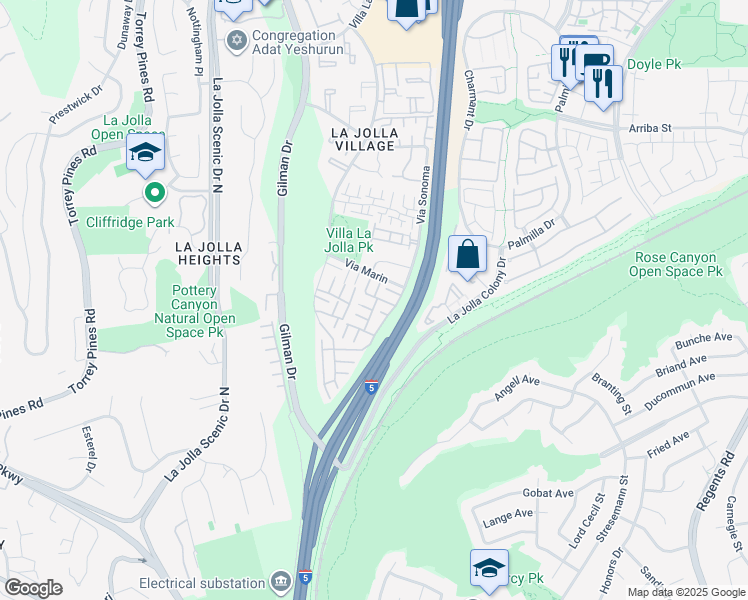 map of restaurants, bars, coffee shops, grocery stores, and more near 8278 Caminito Modena in San Diego