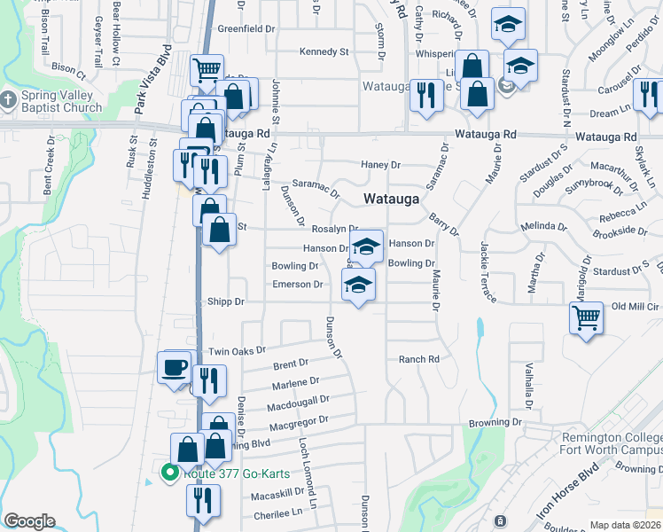 map of restaurants, bars, coffee shops, grocery stores, and more near 5913 Gayle Drive in Watauga