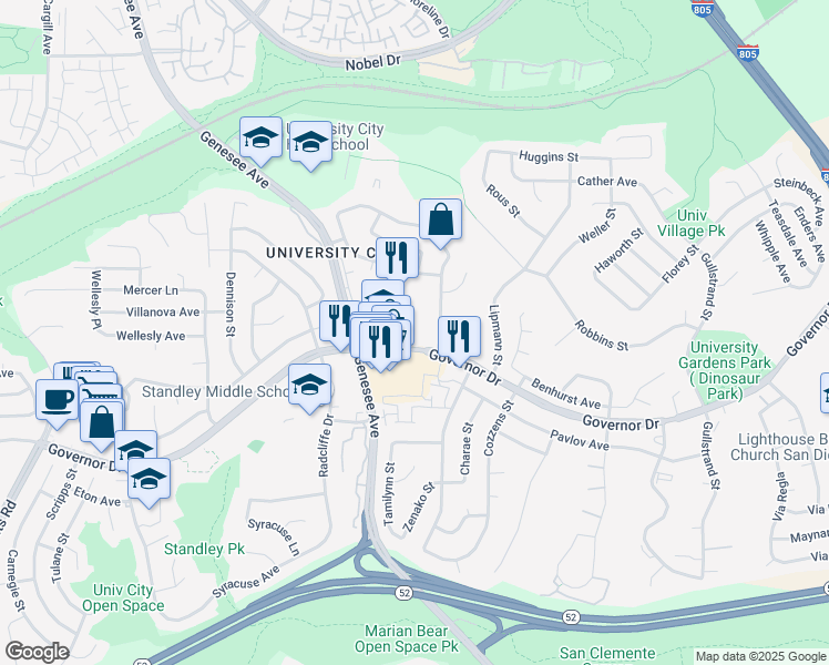 map of restaurants, bars, coffee shops, grocery stores, and more near 4080 Governor Drive in San Diego