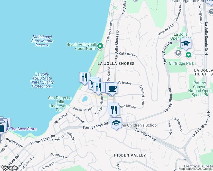 map of restaurants, bars, coffee shops, grocery stores, and more near 8168 Paseo Del Ocaso in San Diego