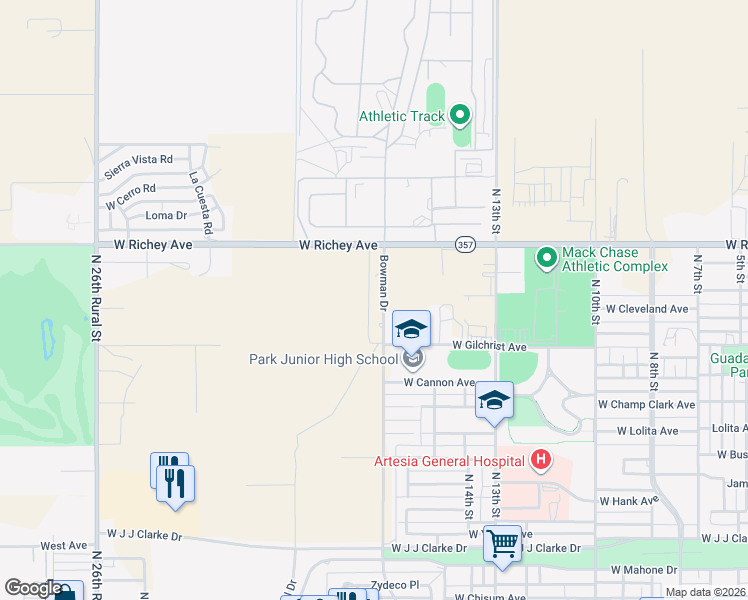 map of restaurants, bars, coffee shops, grocery stores, and more near 1303 Bowman Dr in Artesia