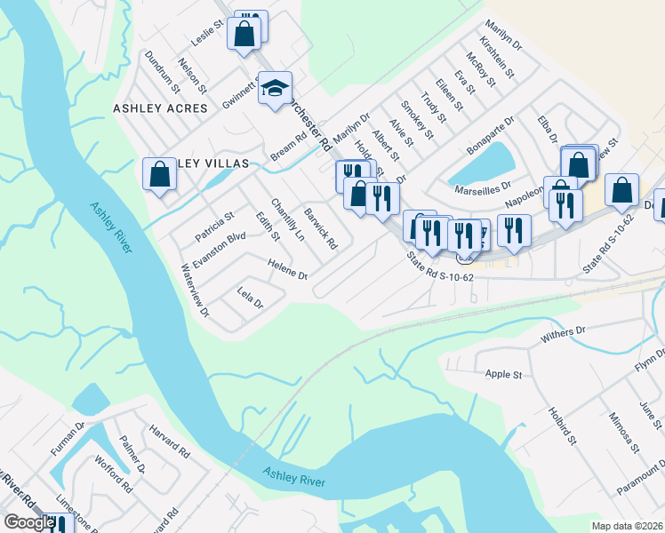 map of restaurants, bars, coffee shops, grocery stores, and more near 4323 Helene Drive in North Charleston