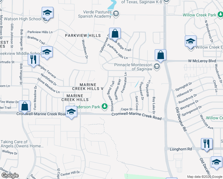 map of restaurants, bars, coffee shops, grocery stores, and more near 6408 Stonewater Bend Trail in Fort Worth