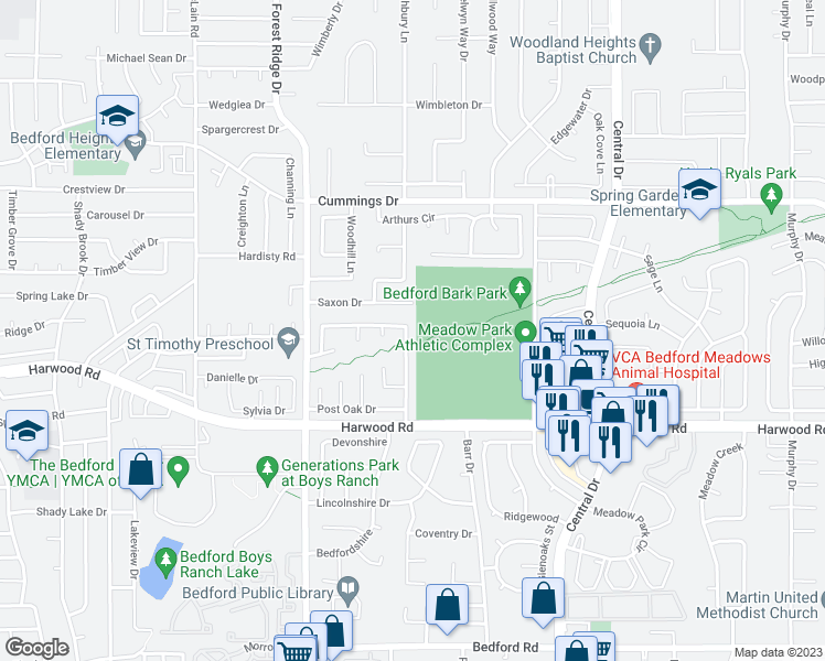 map of restaurants, bars, coffee shops, grocery stores, and more near 3032 Oak Valley Drive in Bedford