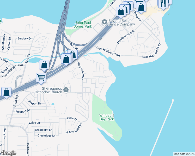 map of restaurants, bars, coffee shops, grocery stores, and more near 5130 Shoregate Drive in Garland