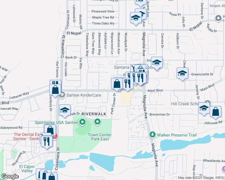 map of restaurants, bars, coffee shops, grocery stores, and more near Mast Boulevard & Caspi Gardens Drive in Santee