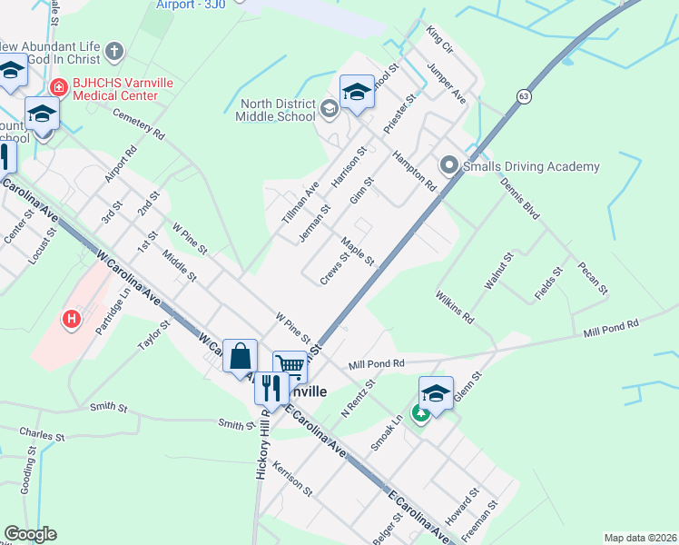 map of restaurants, bars, coffee shops, grocery stores, and more near 105 Crews Farm Road in Varnville
