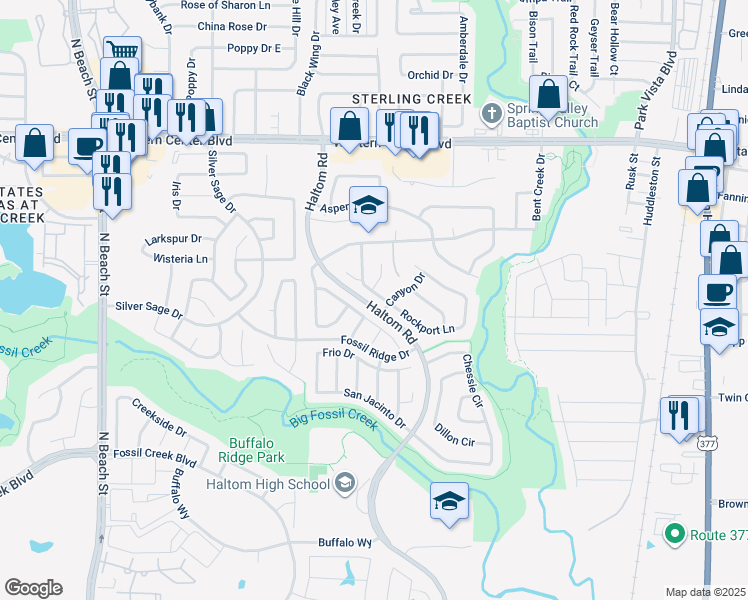 map of restaurants, bars, coffee shops, grocery stores, and more near 5809 Rockport Lane in Haltom City