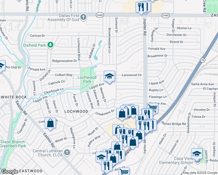 map of restaurants, bars, coffee shops, grocery stores, and more near 11230 Lippitt Avenue in Dallas