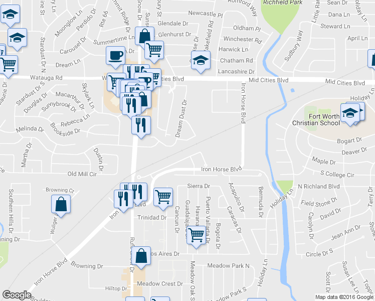 map of restaurants, bars, coffee shops, grocery stores, and more near Cotton Belt Trail in North Richland Hills