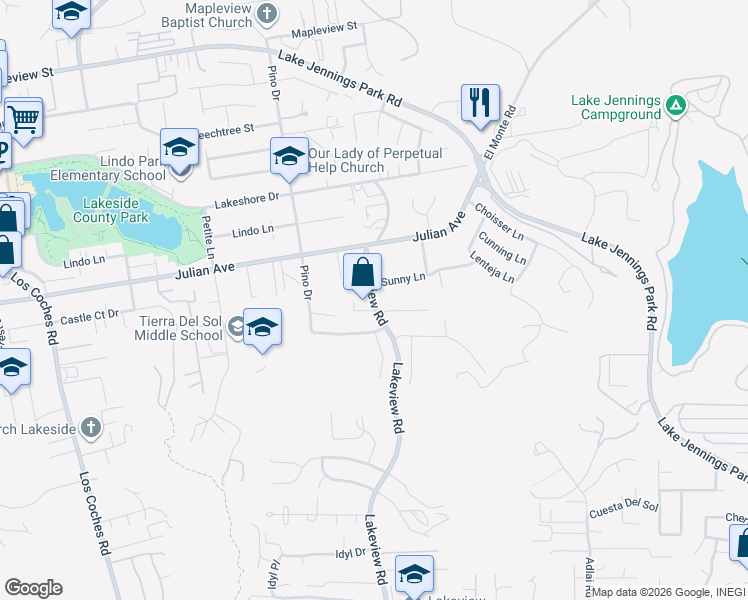 map of restaurants, bars, coffee shops, grocery stores, and more near 9417 Pino Drive in Lakeside