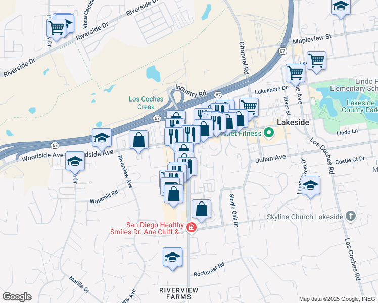 map of restaurants, bars, coffee shops, grocery stores, and more near 9739 Winter Gardens Boulevard in Lakeside