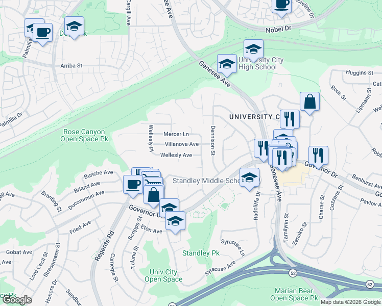 map of restaurants, bars, coffee shops, grocery stores, and more near 3489 Wellesly Avenue in San Diego