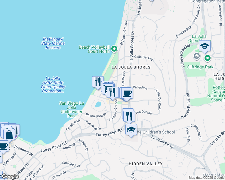 map of restaurants, bars, coffee shops, grocery stores, and more near 8115 Camino Del Sol in San Diego
