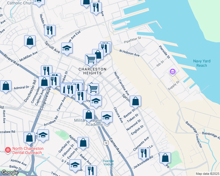 map of restaurants, bars, coffee shops, grocery stores, and more near 1914 Orvid Street in North Charleston