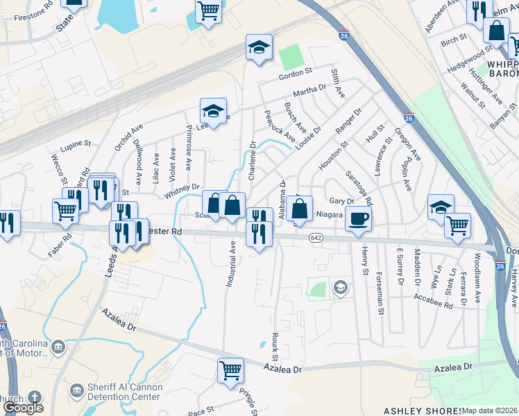 map of restaurants, bars, coffee shops, grocery stores, and more near 2904 Alabama Drive in North Charleston