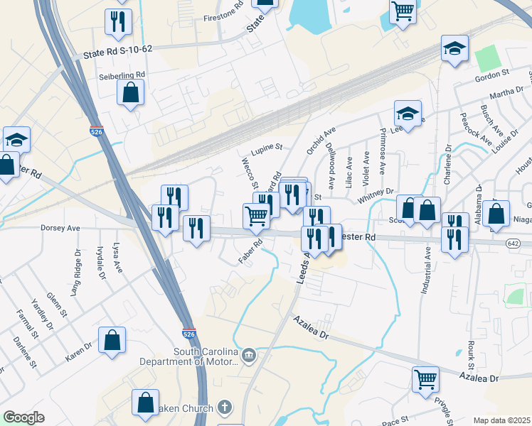 map of restaurants, bars, coffee shops, grocery stores, and more near 4506 Dorchester Road in North Charleston