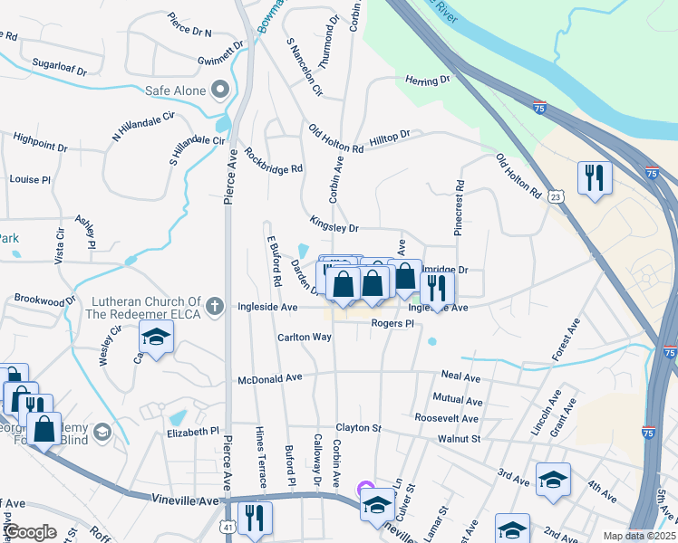 map of restaurants, bars, coffee shops, grocery stores, and more near 2365 Parker Avenue in Macon