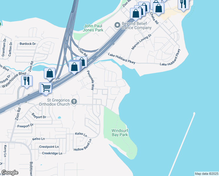 map of restaurants, bars, coffee shops, grocery stores, and more near 5130 Shoregate Drive in Garland