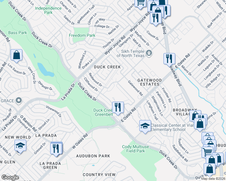 map of restaurants, bars, coffee shops, grocery stores, and more near 4903 Rollingwood Court in Garland