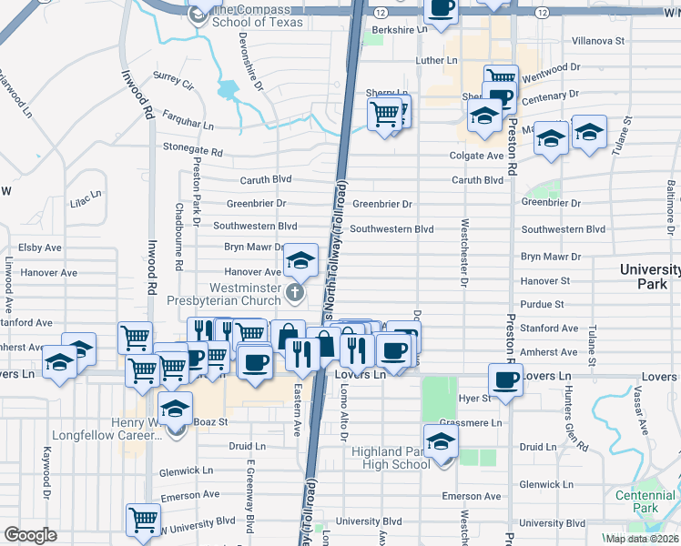 map of restaurants, bars, coffee shops, grocery stores, and more near 5750 Hanover Avenue in Dallas