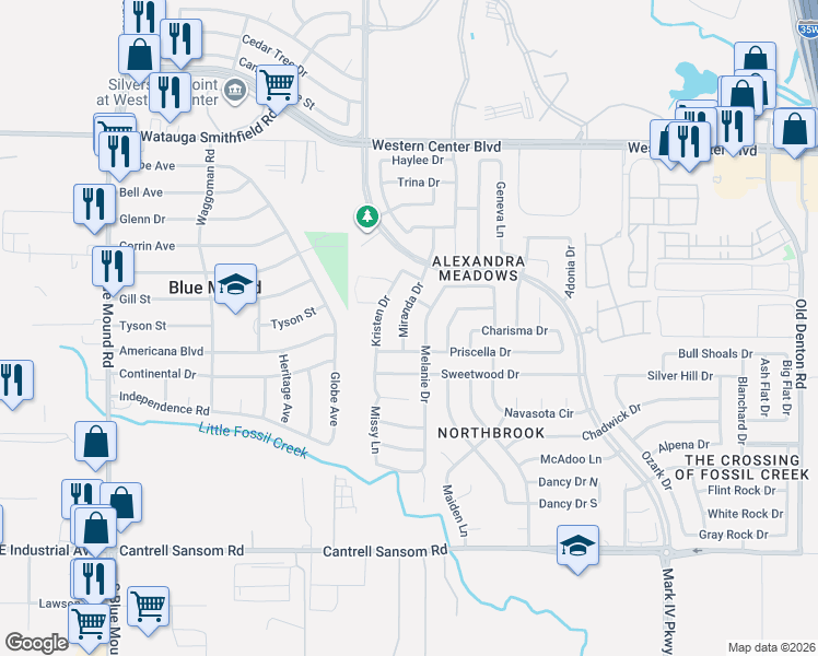 map of restaurants, bars, coffee shops, grocery stores, and more near 6101 Miranda Drive in Fort Worth