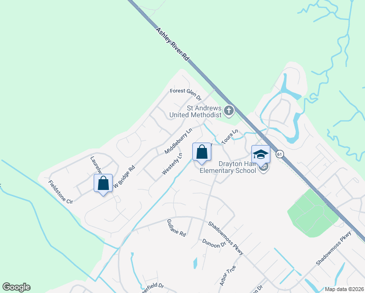 map of restaurants, bars, coffee shops, grocery stores, and more near 4117 Westerly Lane in Charleston