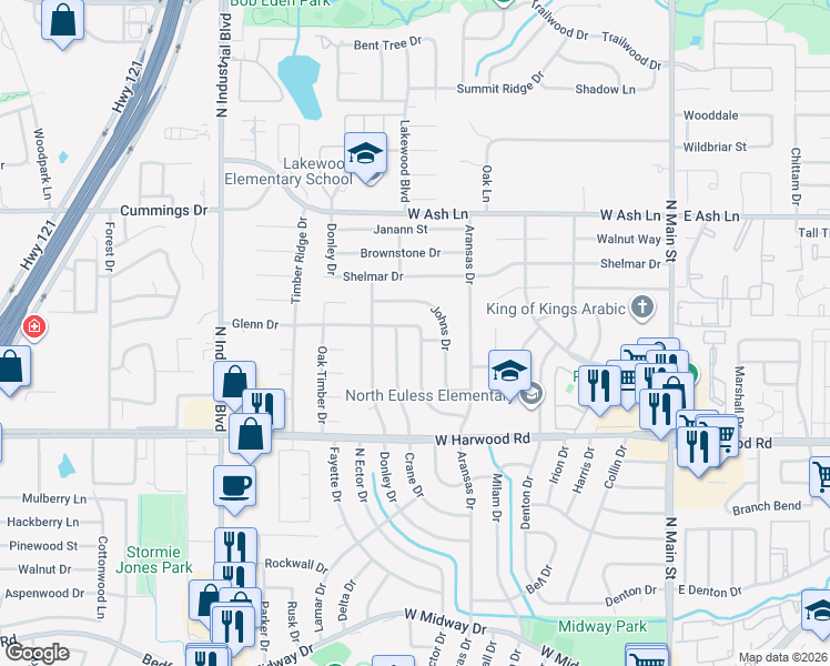 map of restaurants, bars, coffee shops, grocery stores, and more near 1210 Glenn Drive in Euless