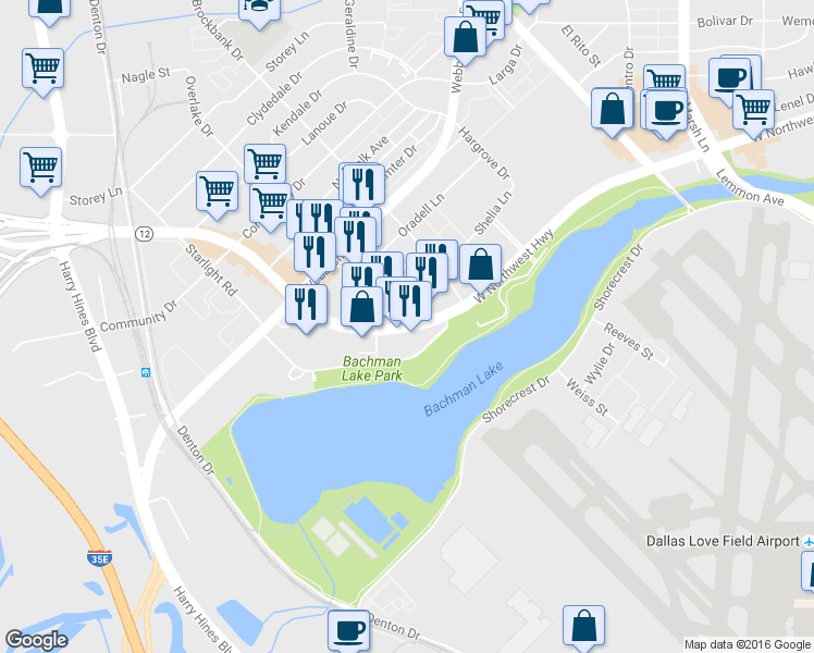 map of restaurants, bars, coffee shops, grocery stores, and more near 3118 W Northwest Hwy in Dallas