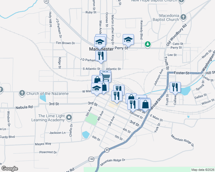 map of restaurants, bars, coffee shops, grocery stores, and more near 412 West Main Street in Manchester