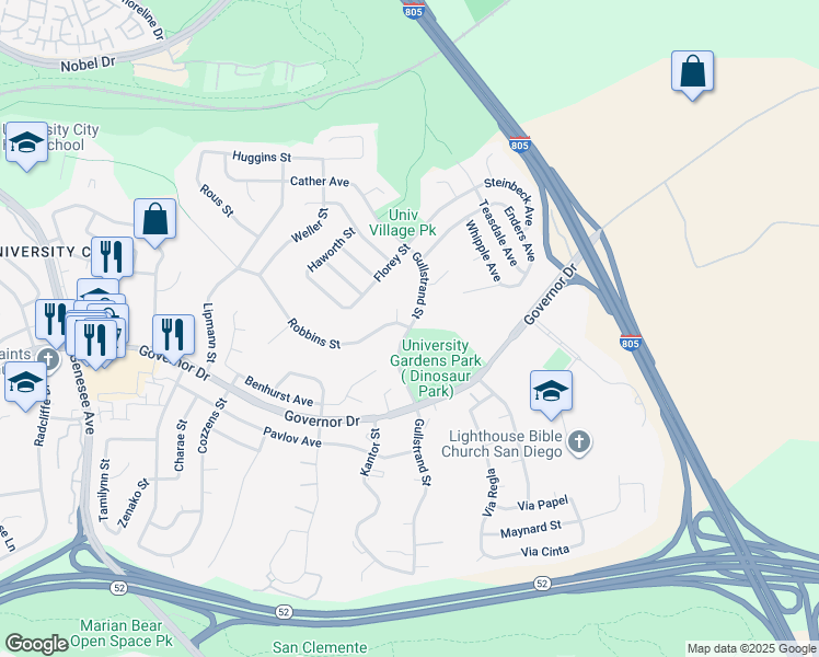 map of restaurants, bars, coffee shops, grocery stores, and more near 6799 Gullstrand Street in San Diego