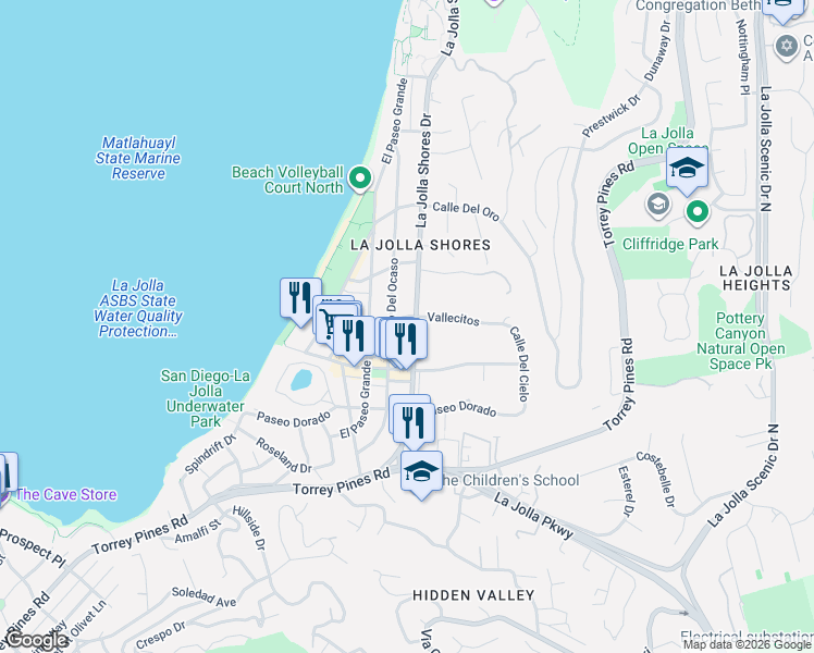 map of restaurants, bars, coffee shops, grocery stores, and more near 8176 La Jolla Shores Drive in San Diego