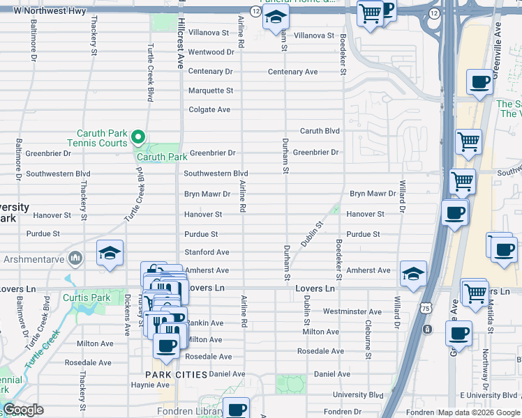 map of restaurants, bars, coffee shops, grocery stores, and more near 3121 Hanover Street in Dallas