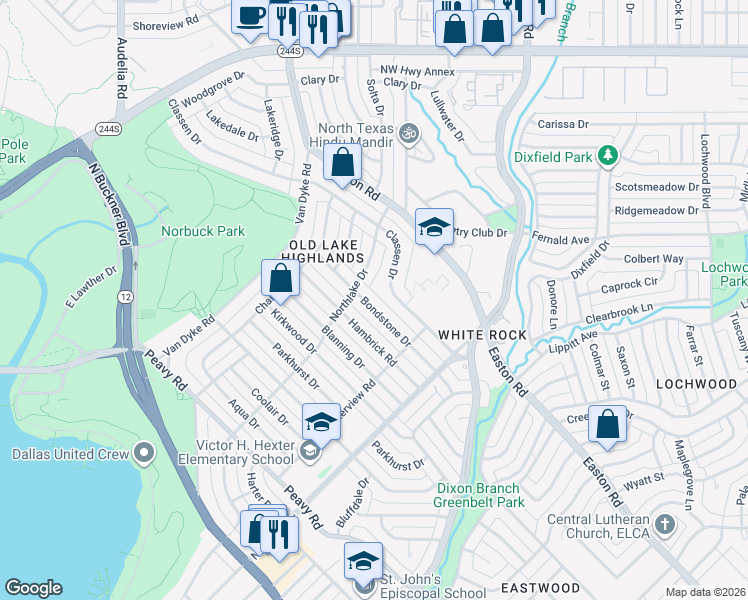 map of restaurants, bars, coffee shops, grocery stores, and more near 546 Bondstone Drive in Dallas