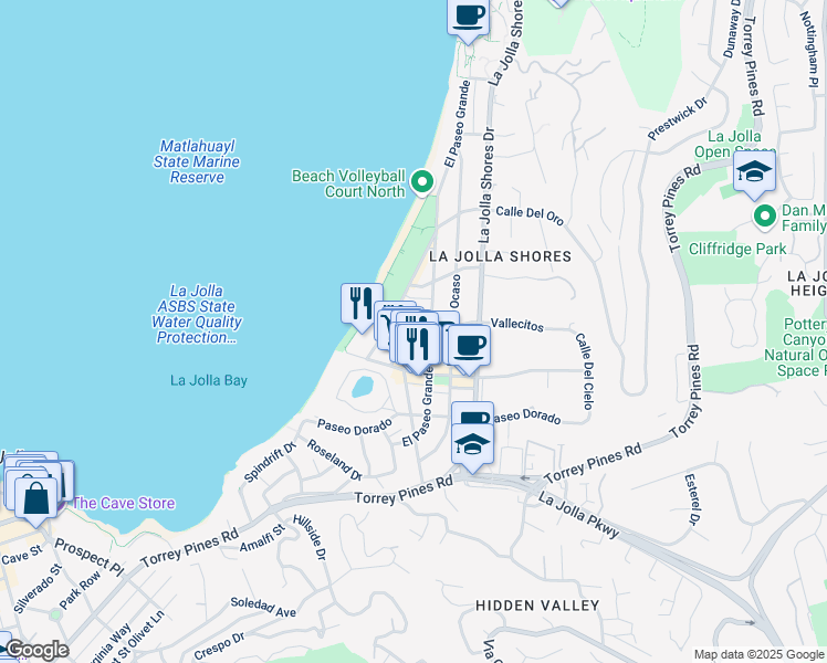map of restaurants, bars, coffee shops, grocery stores, and more near 8263 Camino Del Oro in San Diego
