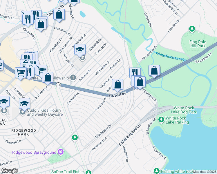 map of restaurants, bars, coffee shops, grocery stores, and more near 7479 Walling Lane in Dallas