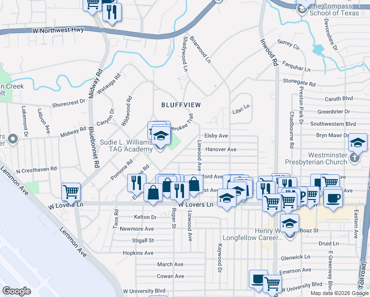 map of restaurants, bars, coffee shops, grocery stores, and more near 4701 Hanover Avenue in Dallas