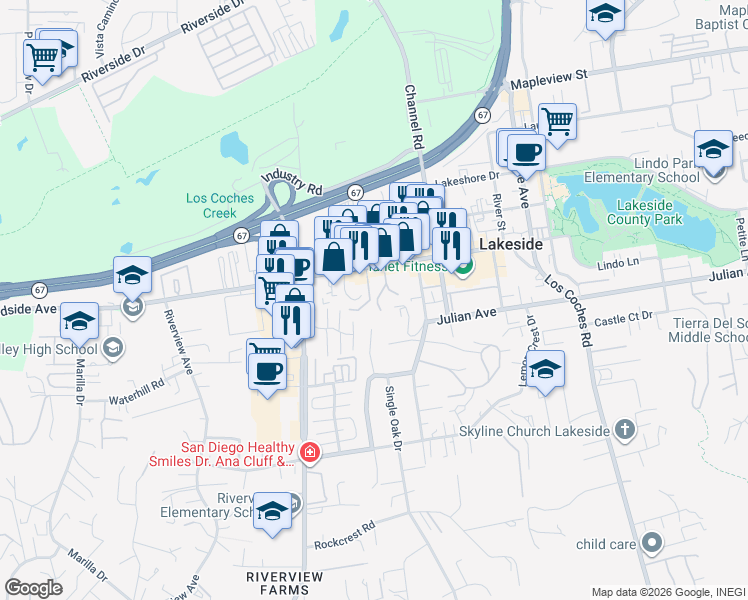 map of restaurants, bars, coffee shops, grocery stores, and more near 12243 Woodside Avenue in Lakeside