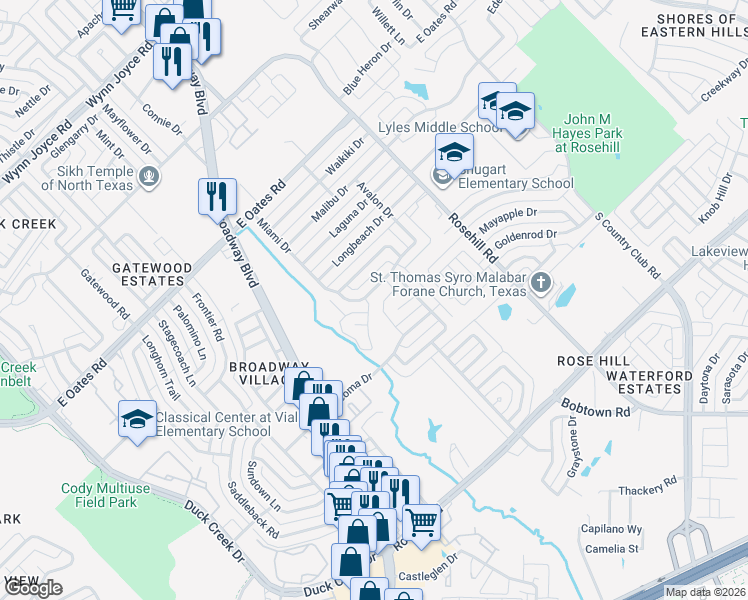 map of restaurants, bars, coffee shops, grocery stores, and more near 5001 Boca Raton Drive in Garland