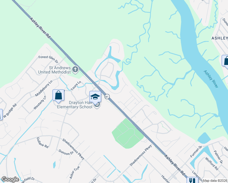 map of restaurants, bars, coffee shops, grocery stores, and more near 3173 Hagerty Drive in Charleston