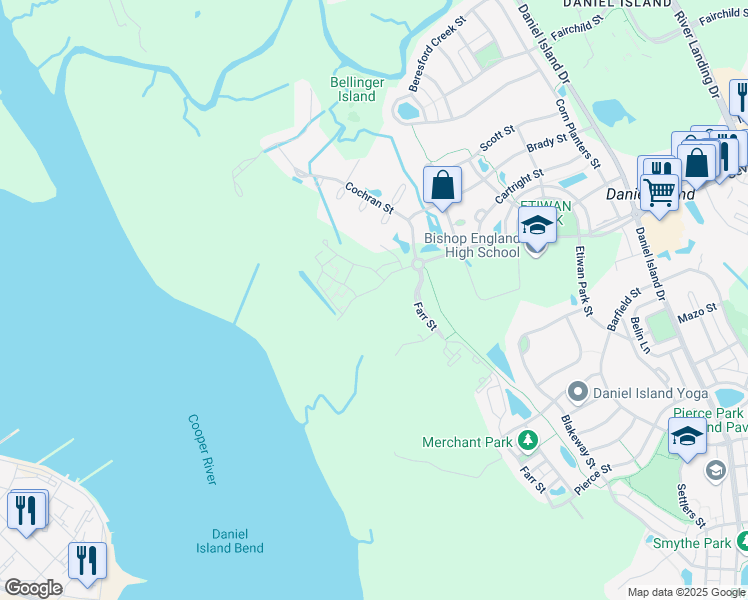 map of restaurants, bars, coffee shops, grocery stores, and more near 485 Seven Farms Drive in Charleston