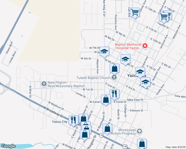 map of restaurants, bars, coffee shops, grocery stores, and more near 329 Maynie Avenue in Yazoo City