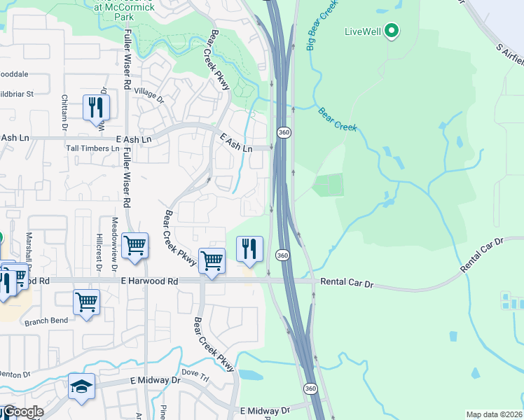 map of restaurants, bars, coffee shops, grocery stores, and more near 1401 Highway 360 in Euless