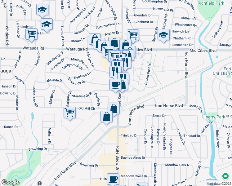 map of restaurants, bars, coffee shops, grocery stores, and more near 6001 Rufe Snow Drive in Watauga